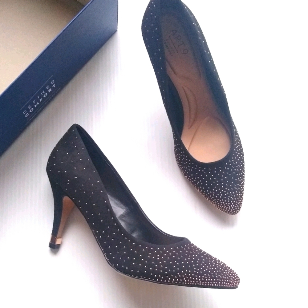 APT 9 Hourhand black gold studded embellished pumps